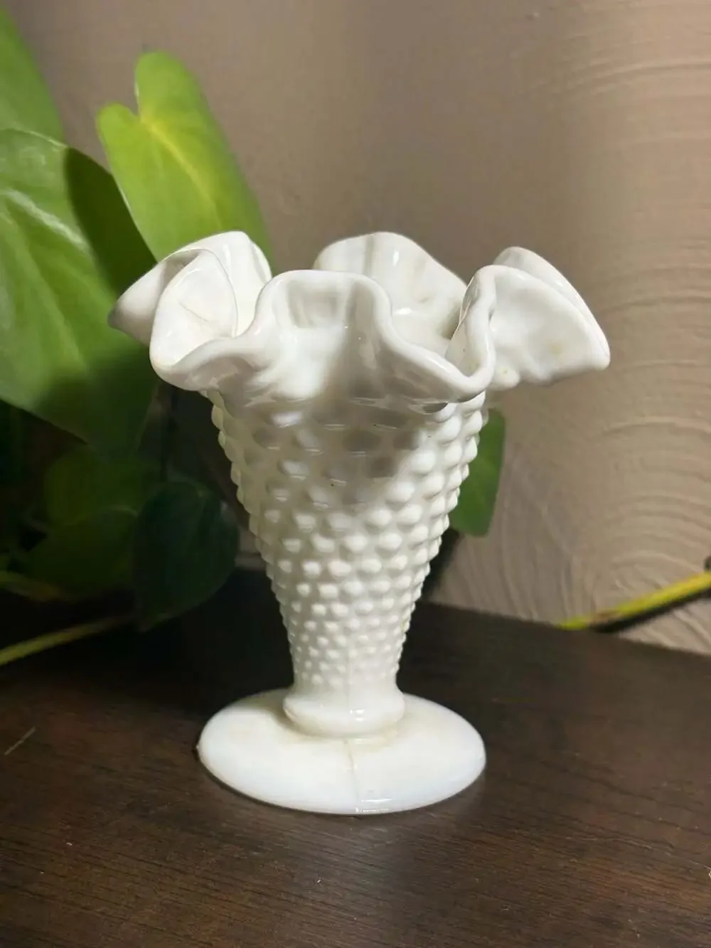 Vintage Fenton White Milk Glass Hobnail Bud Vase with Ruffled Rim